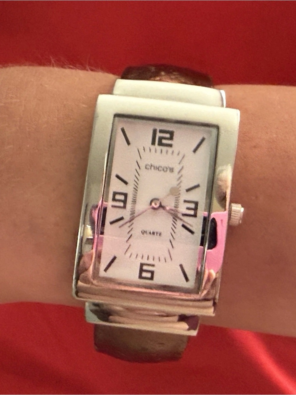 Chico’s Quartz Cuff Watch Silver Tone Rectangular Face Brown Leather Band